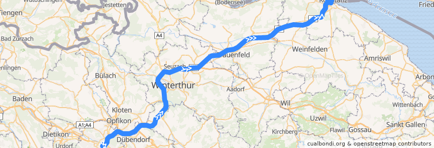 Mapa del recorrido Flixbus 006(Südteil): Zürich HB, Carpark Sihlquai => Konstanz, Fährhafen de la línea  en سويسرا.