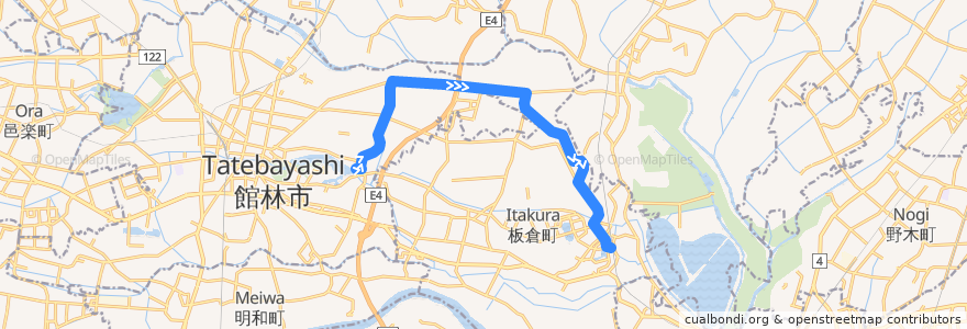 Mapa del recorrido 館林・板倉北線 アゼリアモール⇒西谷田郵便局⇒板倉東洋大前駅西口 de la línea  en 板倉町.