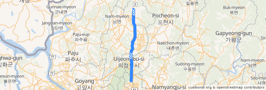 Mapa del recorrido 수도권 전철 1호선 경인·경원 계통: 동두천 → 광운대 de la línea  en 대한민국.