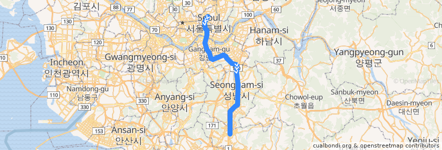 Mapa del recorrido 수도권 전철 분당선: 청량리 → 죽전 de la línea  en Korea Selatan.