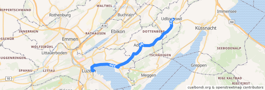 Mapa del recorrido Bus 73: Udligenswil, Alte Post => Luzern, Bahnhof de la línea  en Lucerne.