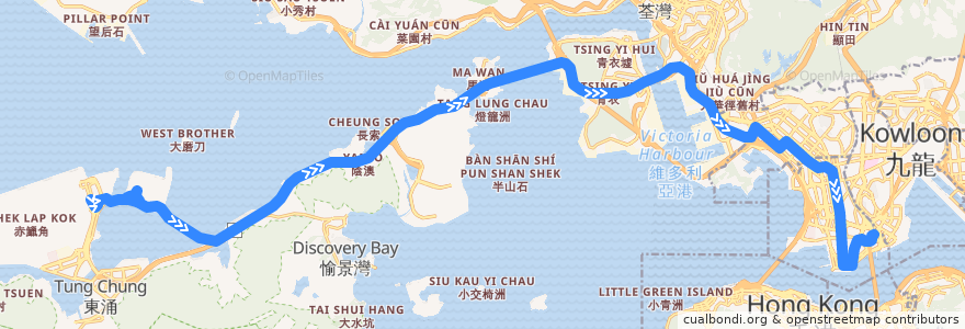 Mapa del recorrido 城巴機場快線A21線 Cityflyer A21 (機場 Airport → 紅磡站 Hung Hom Station) de la línea  en 香港 Hong Kong.