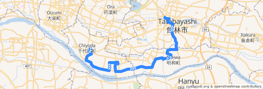 Mapa del recorrido 館林・明和・千代田線 千代田町役場⇒ふれあいタウンジョイフル本田・川俣駅西口⇒館林駅東口 de la línea  en 群馬県.