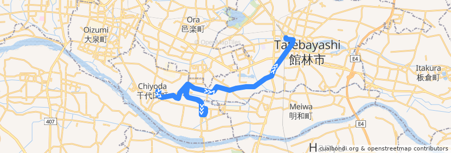 Mapa del recorrido 館林・千代田線 千代田町役場⇒ふれあいタウンジョイフル本田・上三林⇒館林駅東口 de la línea  en 群马县.
