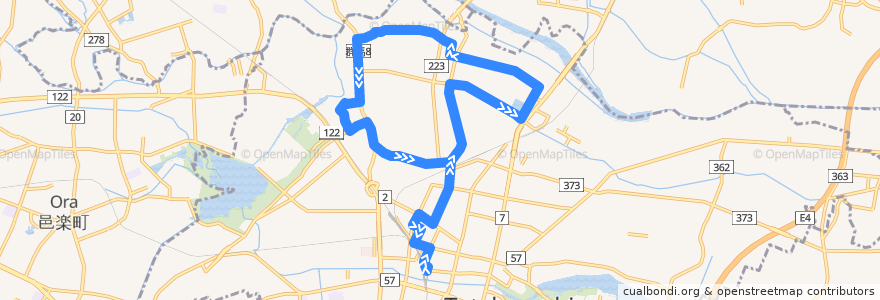 Mapa del recorrido 渡瀬巡回線（西循環線・下早川田町経由） de la línea  en 館林市.