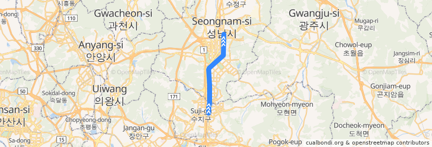 Mapa del recorrido 수도권 전철 분당선: 죽전 → 왕십리 de la línea  en كوريا الجنوبية.