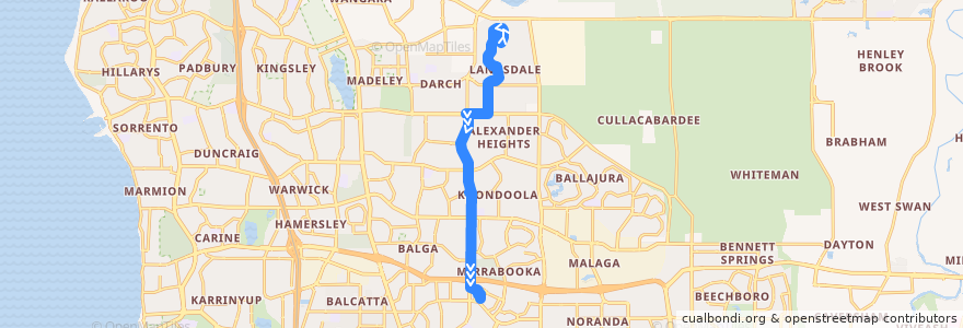 Mapa del recorrido 376TL Landsdale → Mirrabooka Bus Station de la línea  en Austrália Ocidental.