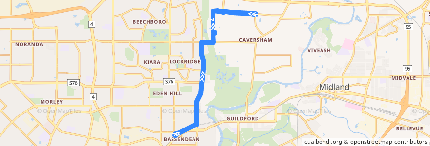 Mapa del recorrido 340F Bassendean Station → Caversham de la línea  en Australia Occidental.