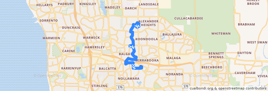 Mapa del recorrido 375T Alexander Heights Shopping Centre → Mirrabooka Bus Station de la línea  en Western Australia.