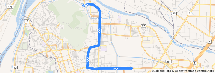Mapa del recorrido 八幡志水線 de la línea  en Yawata.