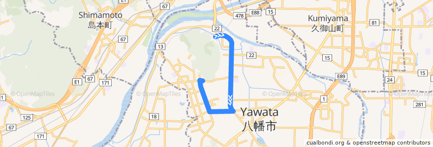 Mapa del recorrido 八幡田辺線 de la línea  en Yawata.