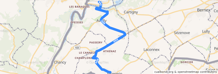 Mapa del recorrido Bus 77: La Plaine-Gare → Sézegnin-Mairie d'Avusy de la línea  en Ginebra.