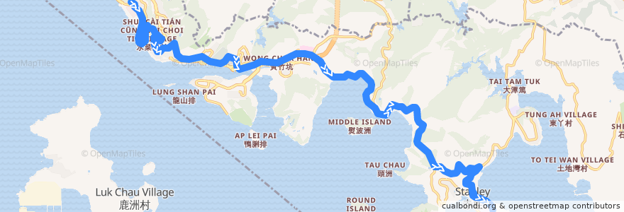 Mapa del recorrido 城巴73線 Citybus 73 (數碼港 Cyberport → 赤柱 Stanley (不停赤柱村 skip Stanley Village)) de la línea  en 南區 Southern District.