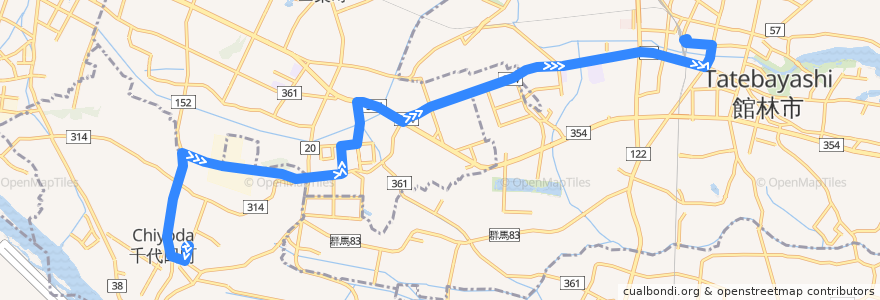Mapa del recorrido 館林・邑楽・千代田線 千代田町役場⇒鞍掛工業団地⇒館林駅東口 de la línea  en 群馬県.