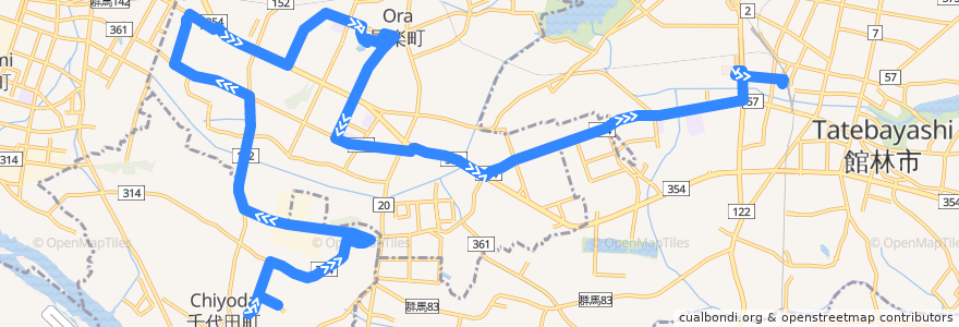 Mapa del recorrido 館林・邑楽・千代田線 千代田町役場⇒おうら病院・邑楽町役場⇒館林駅西口 de la línea  en 邑楽郡.