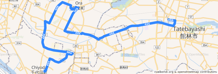 Mapa del recorrido 館林・邑楽・千代田線 館林駅東口⇒邑楽町役場⇒千代田町役場 de la línea  en 群馬県.