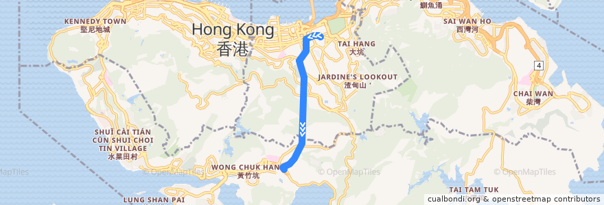 Mapa del recorrido 港島專綫小巴N40線 Hong Kong Green Minibus N40 (銅鑼灣 Causeway Bay → 赤柱村 Stanley Village) de la línea  en 香港島 Hong Kong Island.