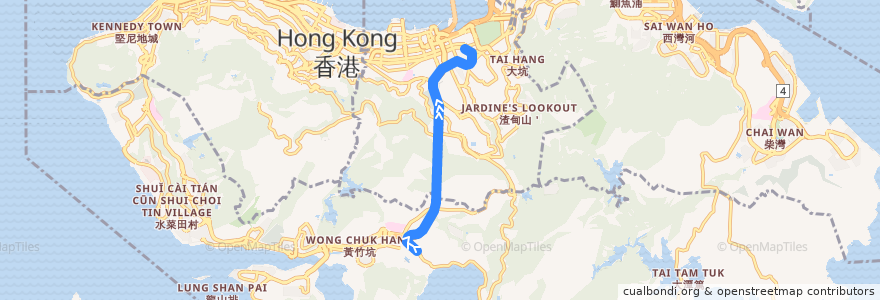 Mapa del recorrido 港島專綫小巴40線 Hong Kong Green Minibus 40 (赤柱村 Stanley Village → 銅鑼灣 Causeway Bay) de la línea  en Hong Kong Island.