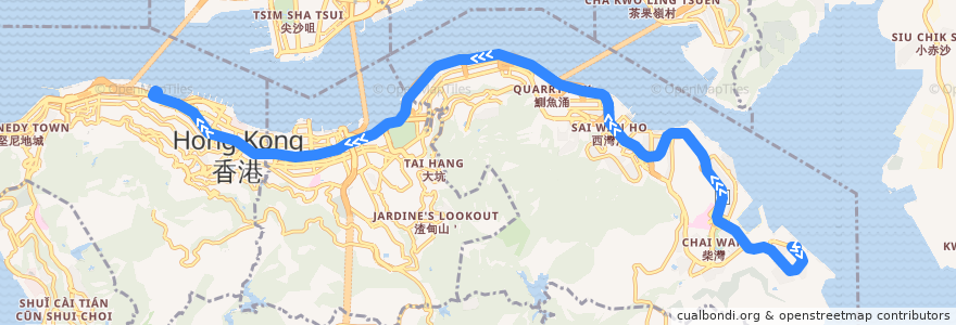 Mapa del recorrido 城巴788線 Citybus 788 (小西灣（藍灣半島） Siu Sai Wan (Island Resort) → 中環（港澳碼頭） Central (Macau Ferry) (不停曉翠街及舊灣仔警署 omit Hiu Tsui Street and Old Wan Chai Police Station)) de la línea  en Pulau Hong Kong.