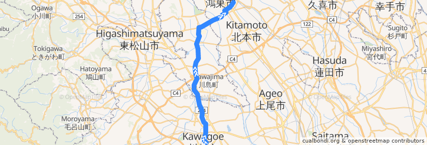 Mapa del recorrido 川越03 川越駅東口→鴻巣駅東口→免許センター de la línea  en 埼玉県.