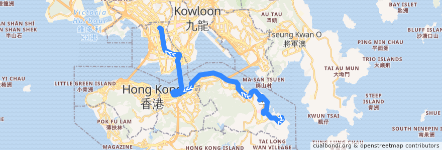 Mapa del recorrido 過海隧巴118P線 Cross-harbour Bus 118P (小西灣（藍灣半島） Siu Sai Wan (Island Resort) → 旺角（基榮小學） Mong Kok (Kei Wing Primary School)) de la línea  en Ilha de Hong Kong.