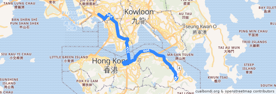 Mapa del recorrido 過海隧巴118線 Cross-harbour Bus 118 (柴灣（康翠臺） Chai Wan (Greenwood Terrace) → 長沙灣（深旺道） Cheung Sha Wan (Sham Mong Road)) de la línea  en Hong Kong.