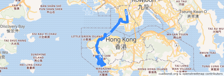Mapa del recorrido 過海隧巴970線 Cross-harbour Bus 970 (旺角 Mong Kok → 數碼港 Cyberport) de la línea  en 香港 Hong Kong.
