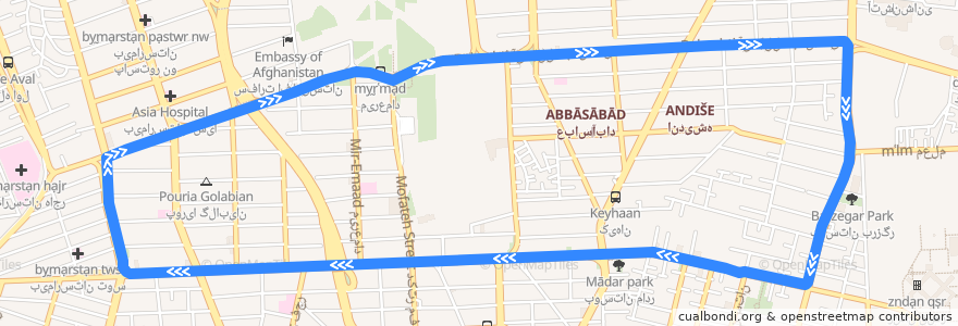 Mapa del recorrido (۴۲۲) سید خندان - مطهری de la línea  en Tehran.