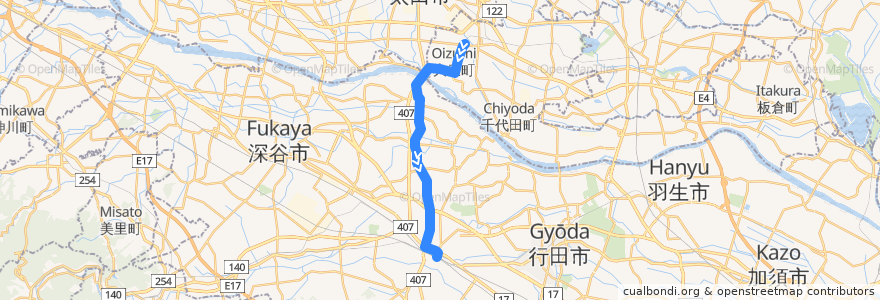 Mapa del recorrido 朝日バスKM63系統 西小泉駅⇒妻沼仲町（旧道経由）⇒熊谷駅 de la línea  en 日本.