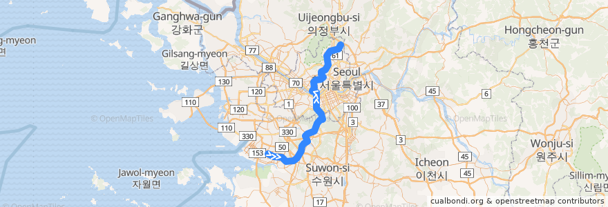 Mapa del recorrido 서울 지하철 4호선: 안산 → 당고개 de la línea  en Республика Корея.