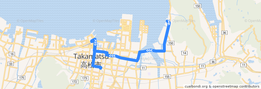 Mapa del recorrido 健康ランド前 => 高松駅・瓦町 de la línea  en Takamatsu.