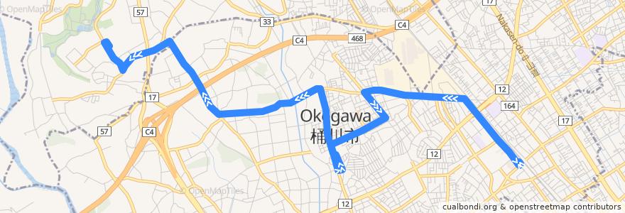 Mapa del recorrido 桶川駅～けやき団地～北里大学メディカルセンター de la línea  en 埼玉県.