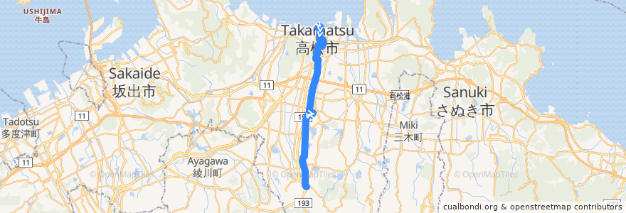 Mapa del recorrido 高松駅 => 仏生山・岩崎 de la línea  en 高松市.