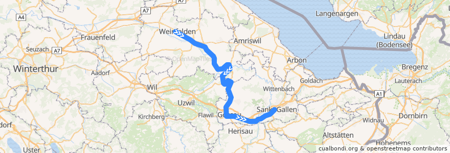 Mapa del recorrido S5: Weinfelden => St. Gallen de la línea  en İsviçre.