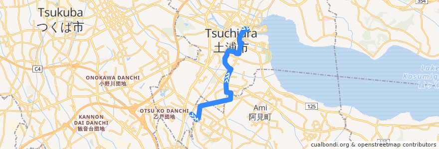 Mapa del recorrido 関東鉄道バス 荒川沖駅東口⇒補給処・桜ヶ丘⇒土浦駅 de la línea  en 茨城県.