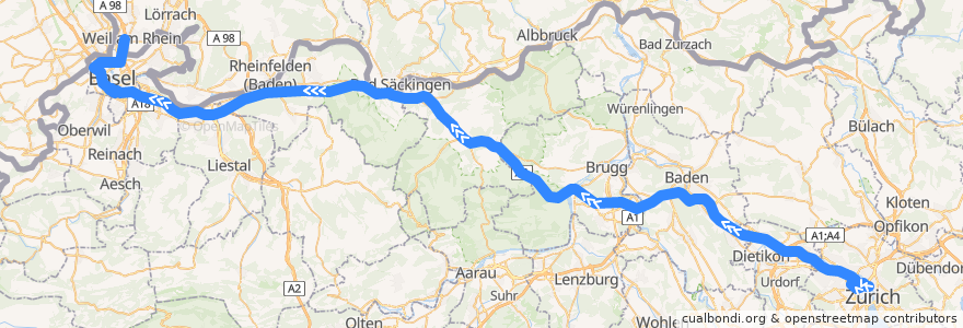 Mapa del recorrido Flixbus N99: Zürich HB (Carpark Sihlquai) => Paris, Bercy Seine de la línea  en 스위스.