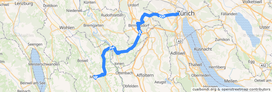 Mapa del recorrido Bus 245: Muri AG, Bahnhof => Zürich, Bahnhof Wiedikon de la línea  en سوئیس.