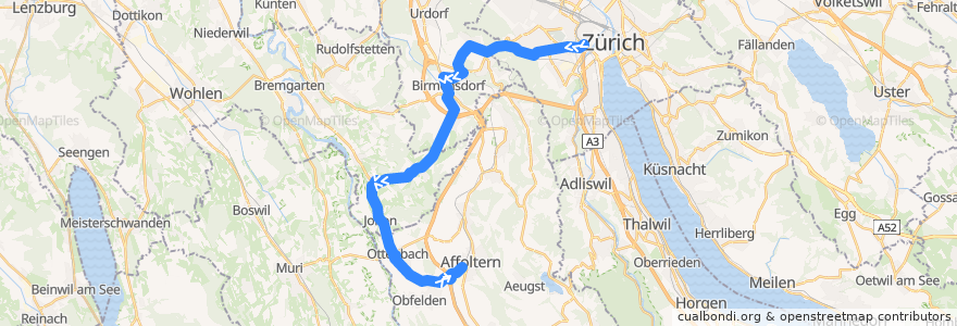 Mapa del recorrido Bus 215: Zürich, Bahnhof Wiedikon => Affoltern a. A., Bahnhof de la línea  en 스위스.