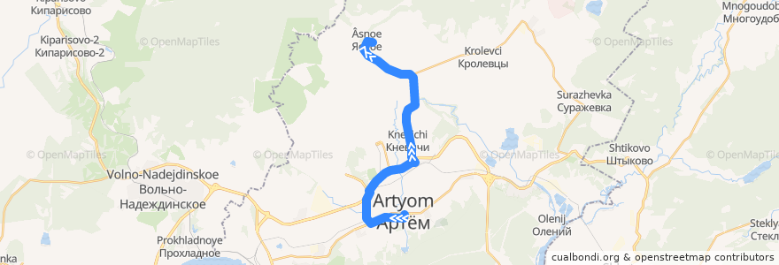 Mapa del recorrido Автобус 18: Артём-Центр — Ясное de la línea  en Артёмовский городской округ.