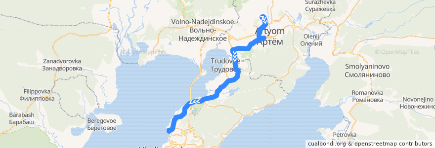 Mapa del recorrido Автобус 205мп: Аэропорт(терминал А) - Автовокзал de la línea  en Krai de Primorie.
