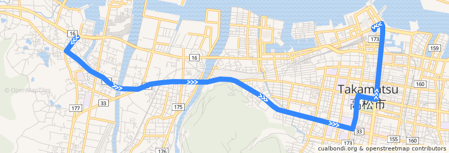 Mapa del recorrido 香西車庫前 => 宮脇町県庁・日赤前経由 => 高松駅 de la línea  en 高松市.