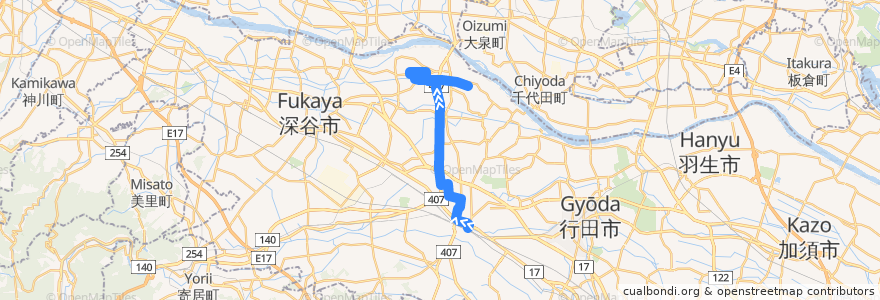 Mapa del recorrido 朝日バスKM52系統 熊谷駅⇒中奈良・妻沼西部工業団地（バイパス経由）⇒妻沼 de la línea  en 熊谷市.