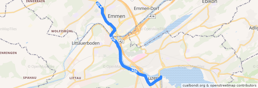 Mapa del recorrido Bus 2: Emmenbrücke, Sprengi => Luzern, Bahnhof de la línea  en Lucerne.