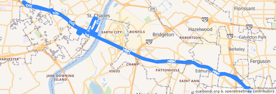 Mapa del recorrido SCAT: SSM Health St. Joseph Hospital --> Cave Springs Commuter Lot --> MetroLink North Hanley Station de la línea  en میزوری.