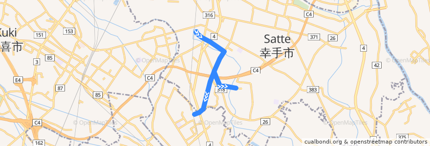 Mapa del recorrido 朝日バスST03系統 幸手駅⇒日本保健医療大学幸手南キャンパス⇒杉戸高野台駅 de la línea  en 幸手市.