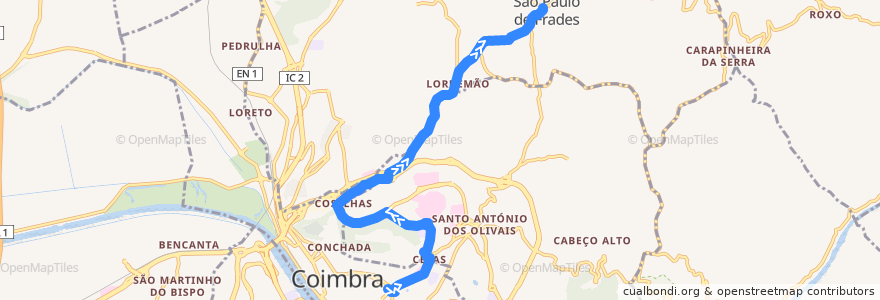 Mapa del recorrido 19: Praça da República => Lordemão => São Paulo de Frades de la línea  en Coimbra.