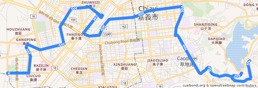 Mapa del recorrido 嘉義市 中山幹線A線: 嘉義大學蘭潭校區→劉厝社區(往程) de la línea  en 嘉義市.
