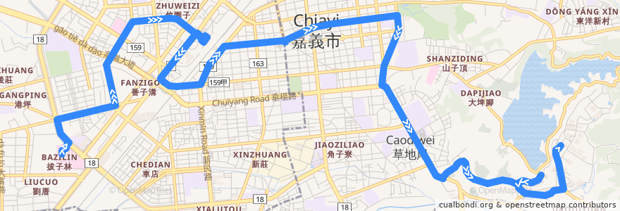 Mapa del recorrido 嘉義市 中山幹線: 嘉義榮民醫院→嘉義大學蘭潭校區(返程) de la línea  en 嘉義市.