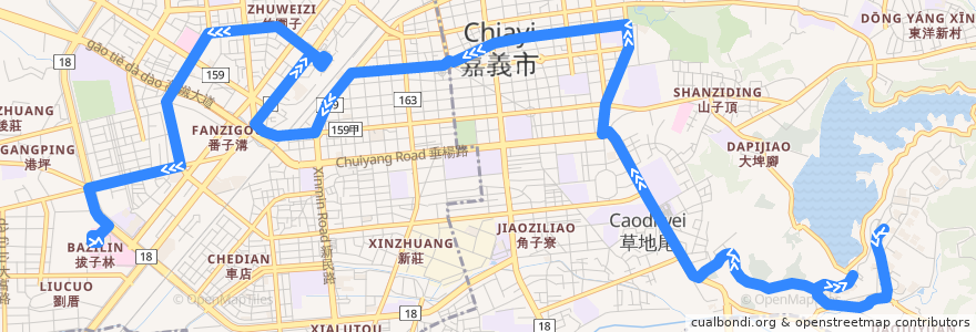 Mapa del recorrido 嘉義市 中山幹線: 嘉義大學蘭潭校區→嘉義榮民醫院(往程) de la línea  en 嘉義市.