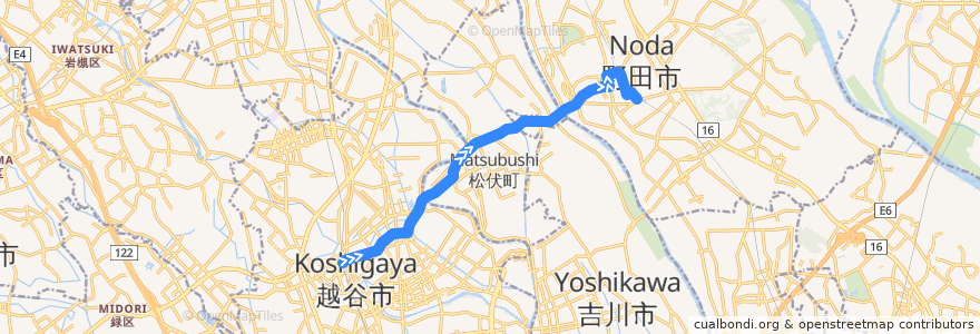 Mapa del recorrido 茨急バス 北越谷駅⇒東大沢橋・中野台⇒野田市駅 de la línea  en 日本.